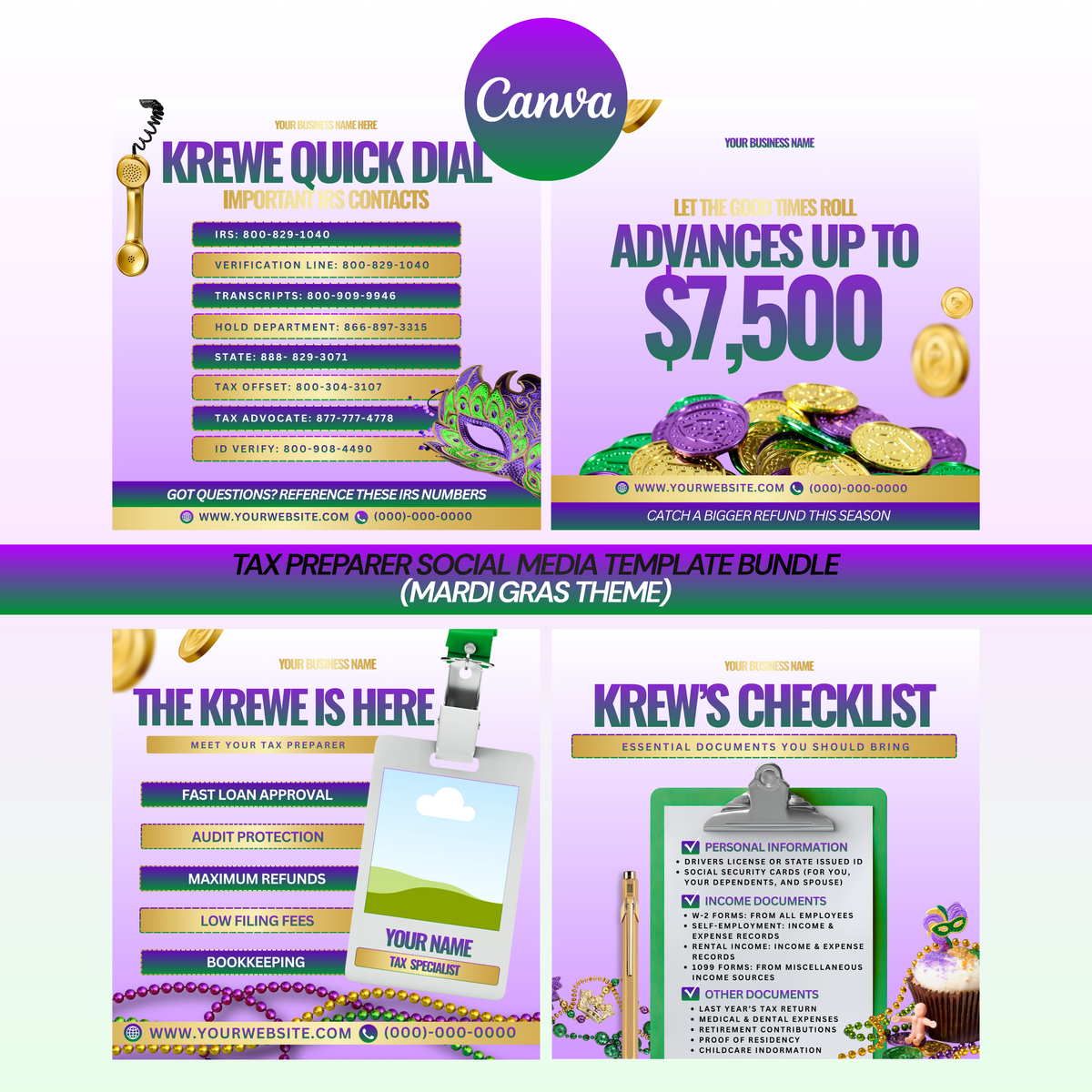 Tax Preparer Social Media Template Bundle (Mardi Gras Theme)