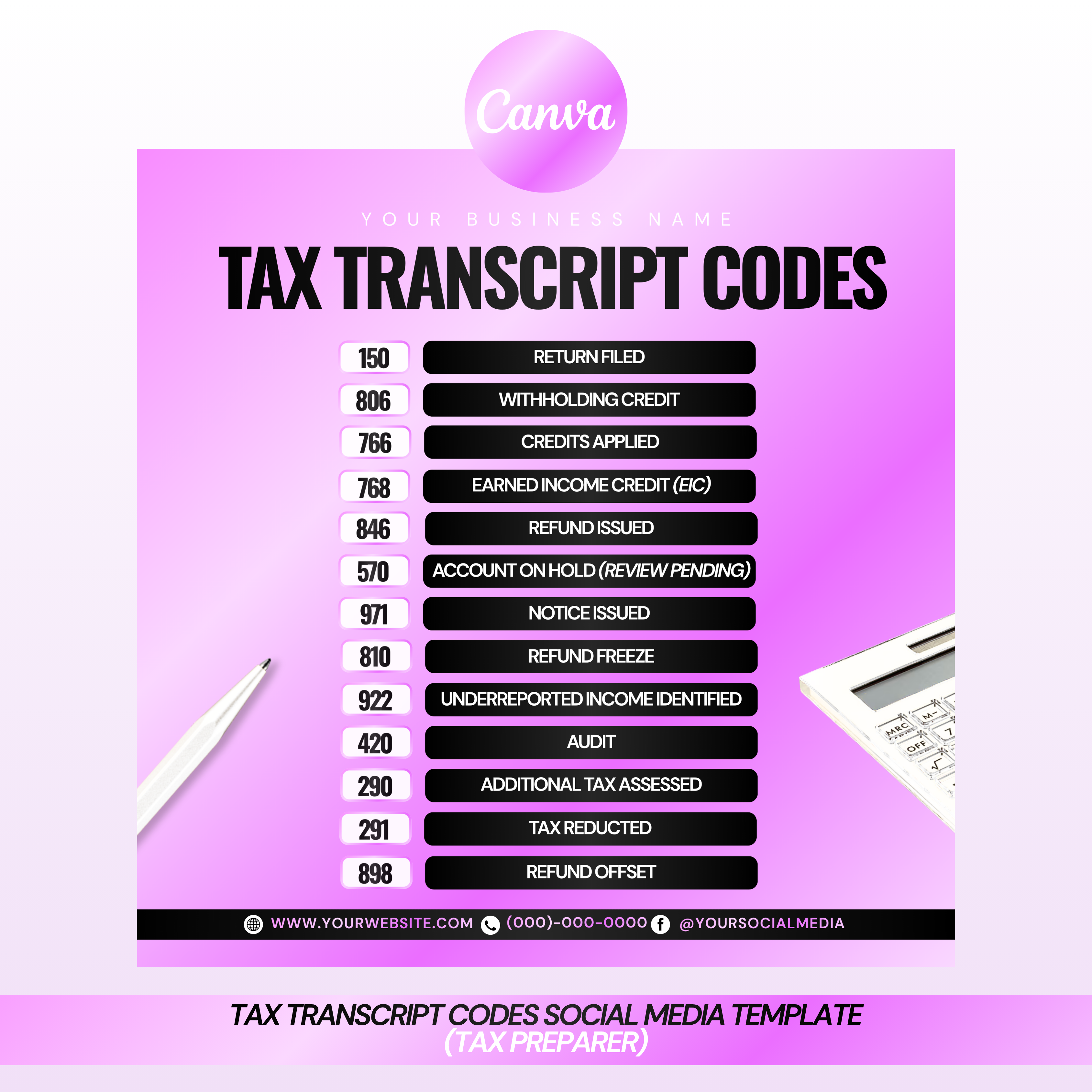 Tax Transcript Codes Social Media Template