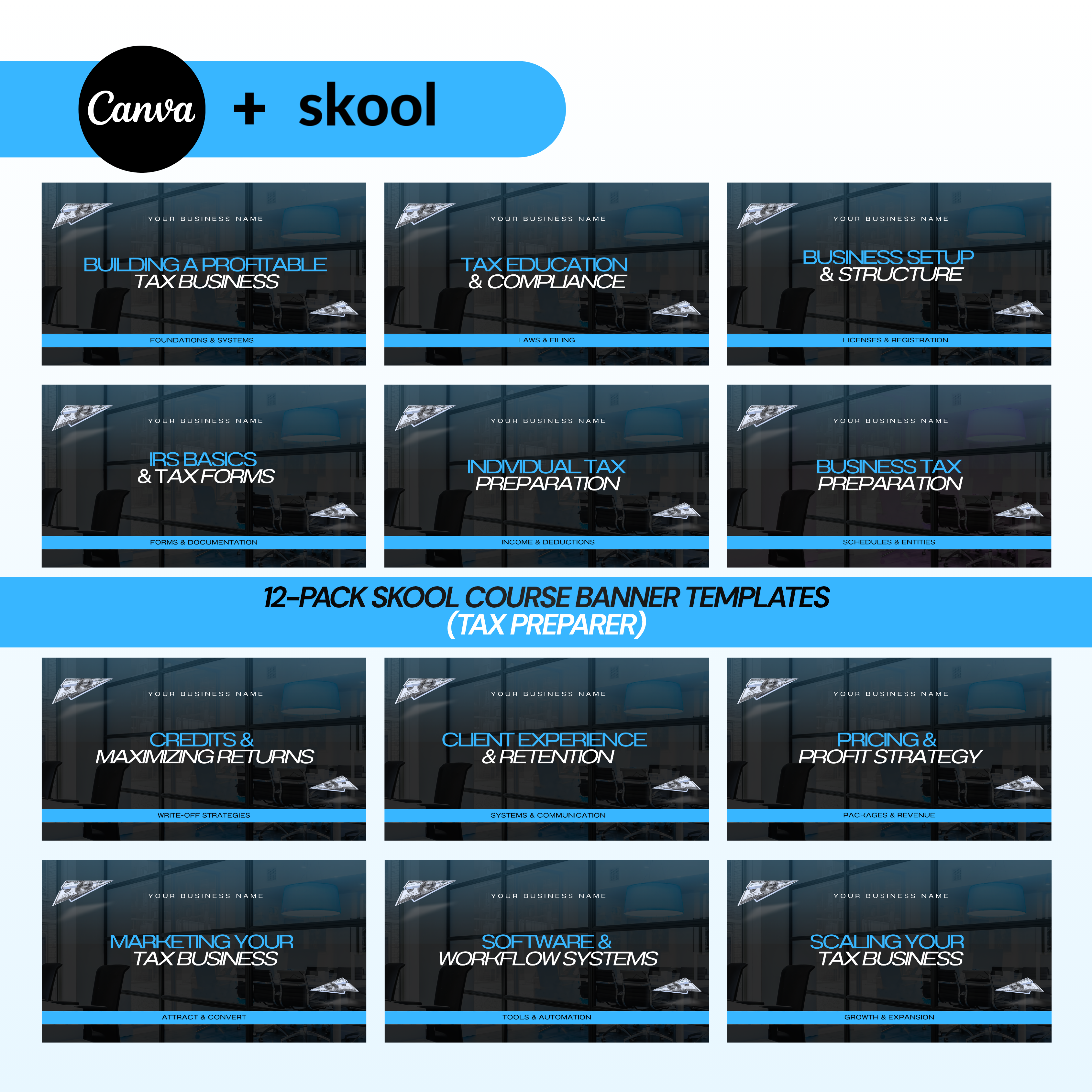 12-Pack Skool Course Banner Templates (Tax preparer)